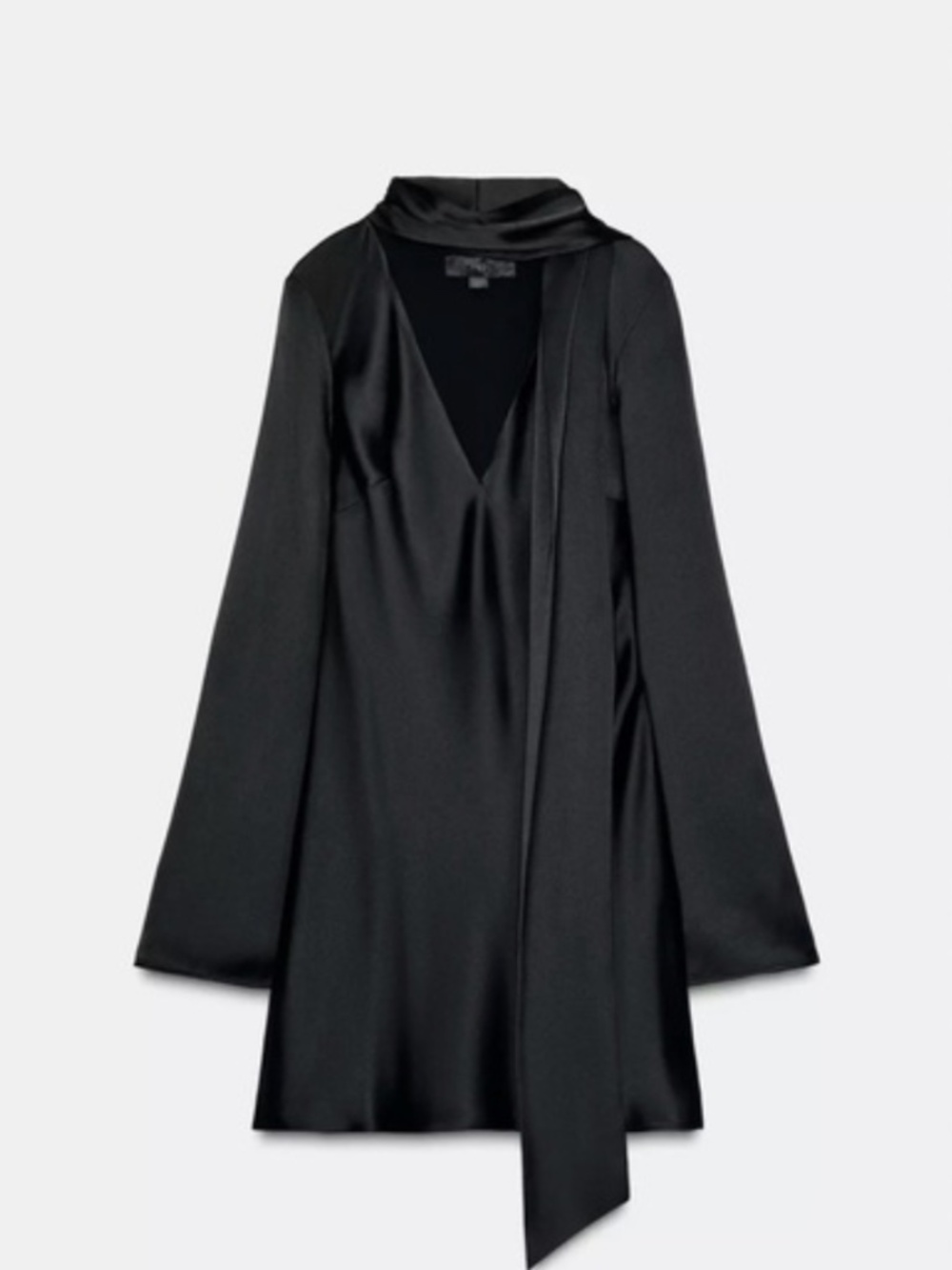 NWT Zara Black Long Sleeve Mini Satin Effect Scarf Dress